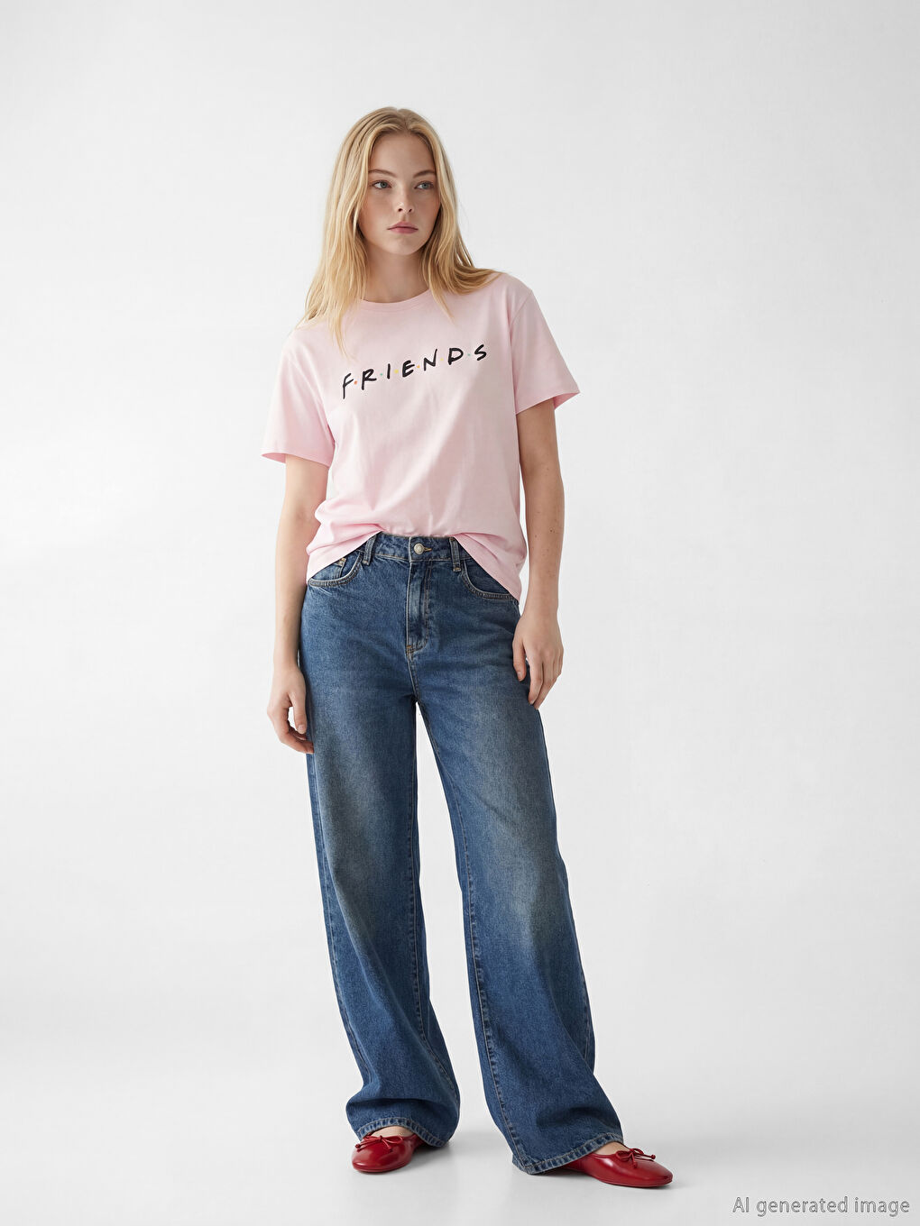 Pembe Bisiklet Yaka Friends Baskılı Kadın Tişört-1