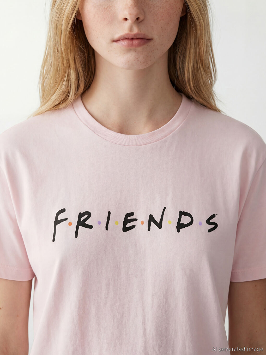 Pembe Bisiklet Yaka Friends Baskılı Kadın Tişört-2