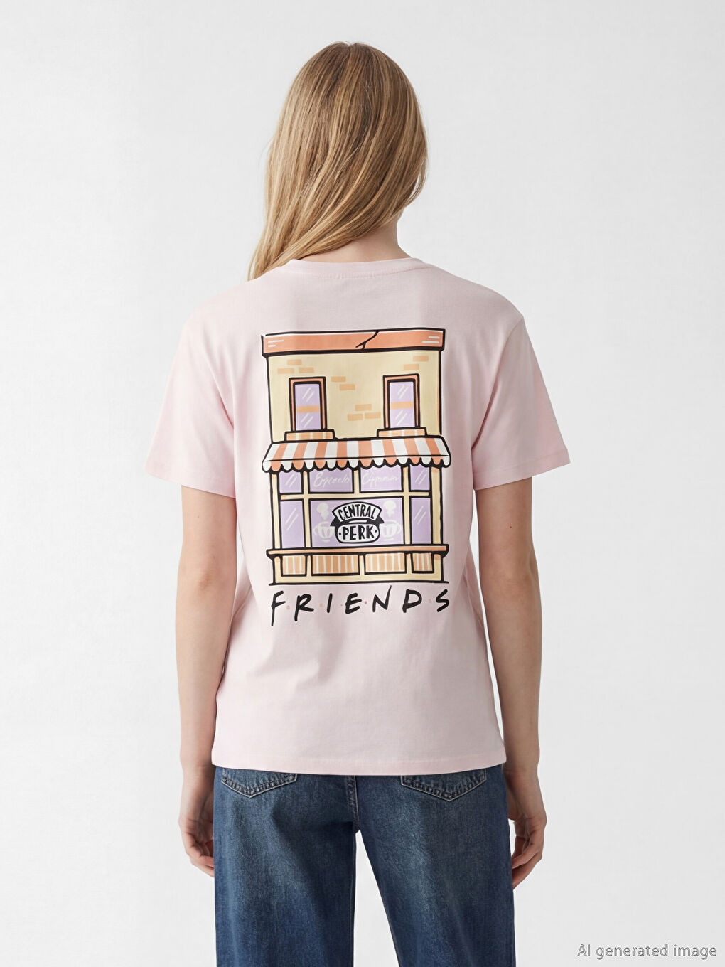 Pembe Bisiklet Yaka Friends Baskılı Kadın Tişört-3