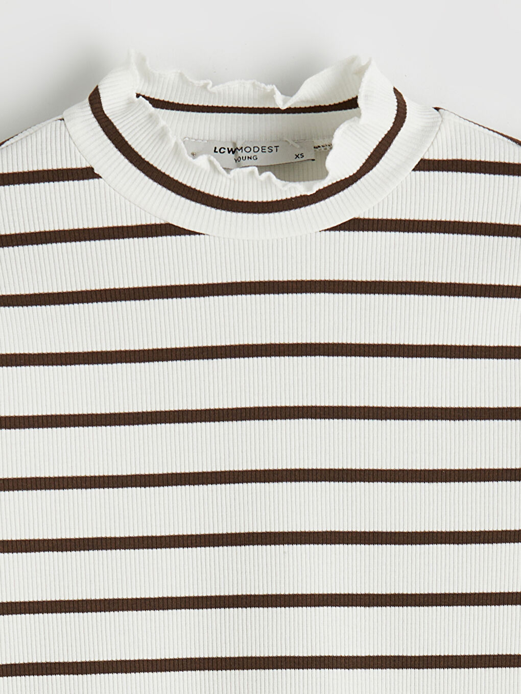 Kahverengi Fırfırlı Dik Yaka Çizgili Kadın Body-1