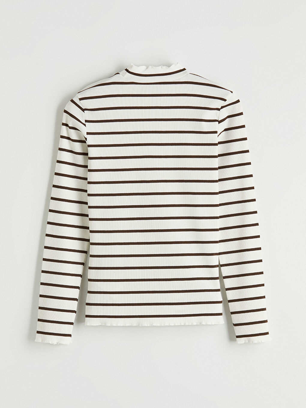 Kahverengi Fırfırlı Dik Yaka Çizgili Kadın Body-2