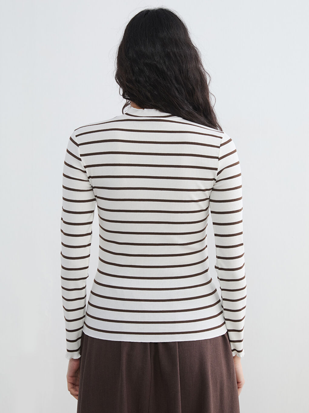 Kahverengi Fırfırlı Dik Yaka Çizgili Kadın Body-3