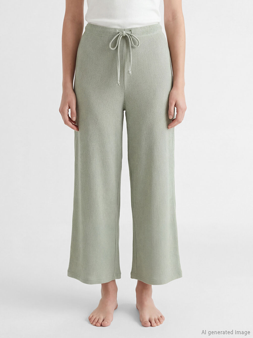 Yeşil Beli Lastikli Geniş Paça Dokulu Kadın Pijama Altı-1