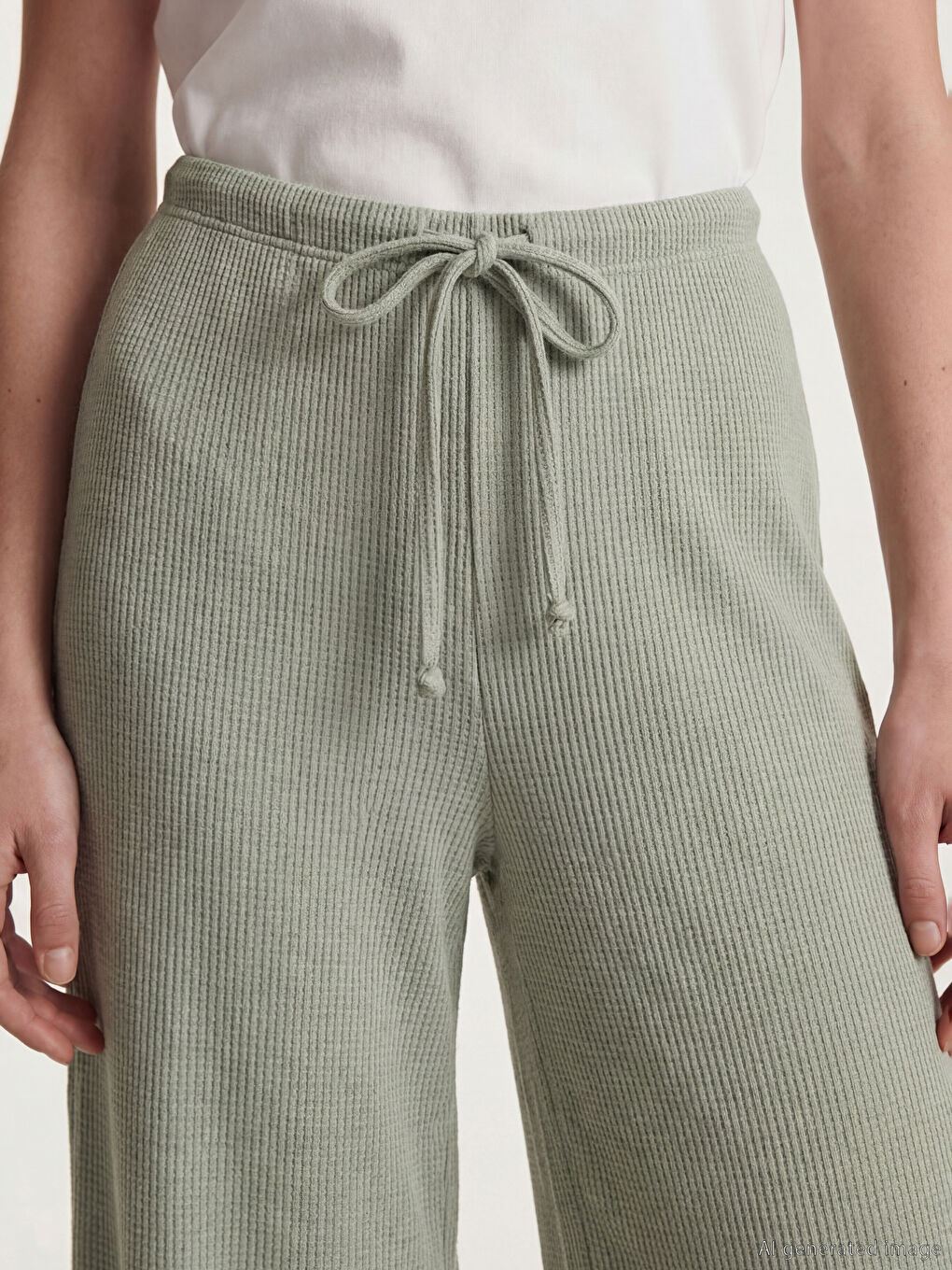 Yeşil Beli Lastikli Geniş Paça Dokulu Kadın Pijama Altı-2