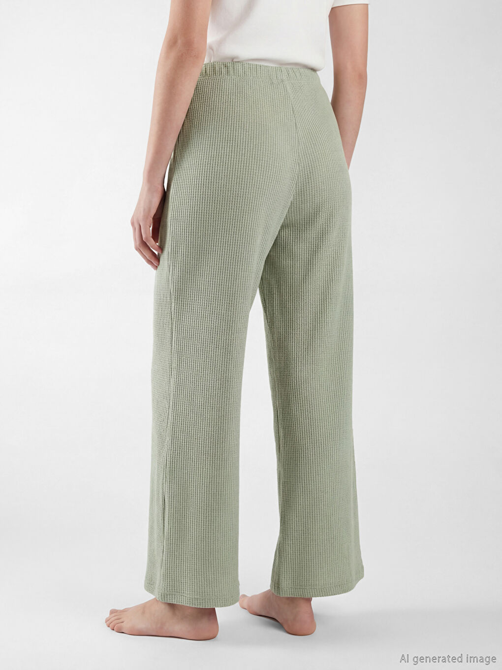 Yeşil Beli Lastikli Geniş Paça Dokulu Kadın Pijama Altı-3