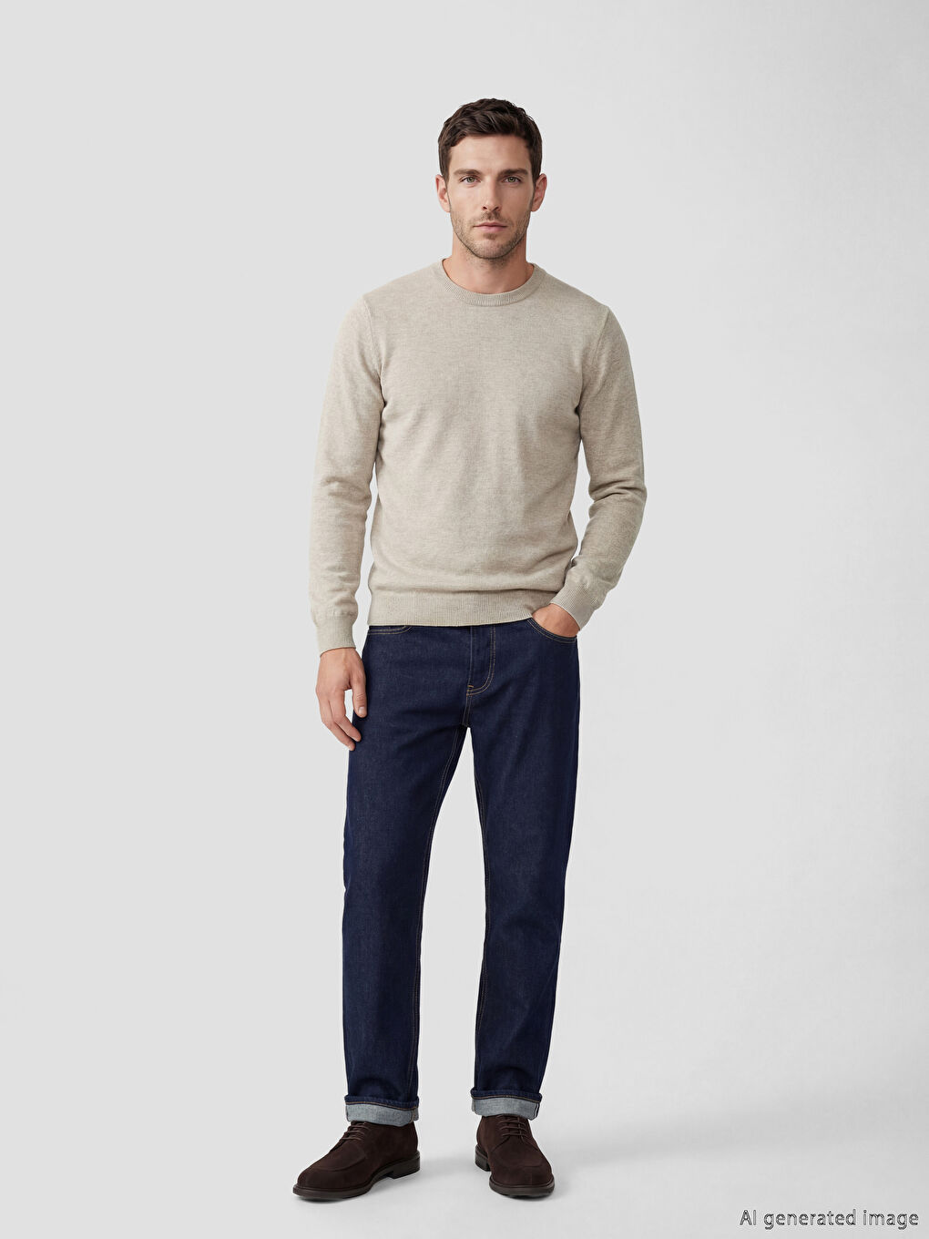 Bej Bisiklet Yaka Erkek Triko Kazak-1