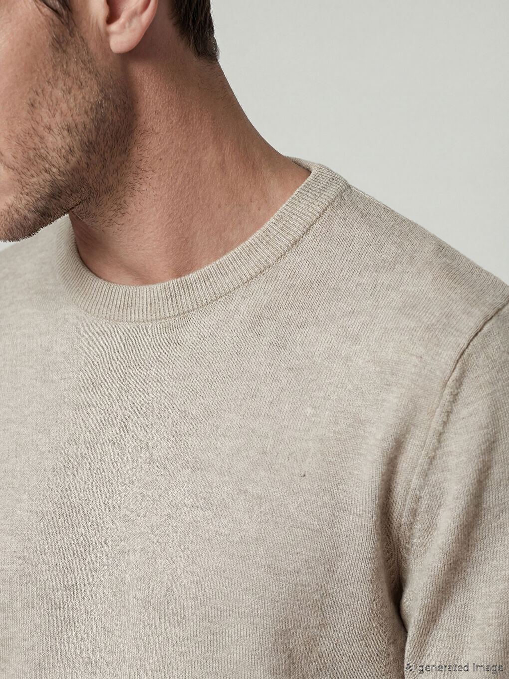 Bej Bisiklet Yaka Erkek Triko Kazak-2