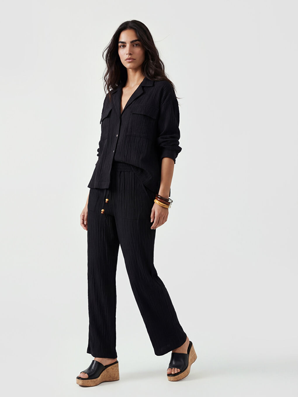 Siyah Oversize Kadın Müslin Gömlek-1