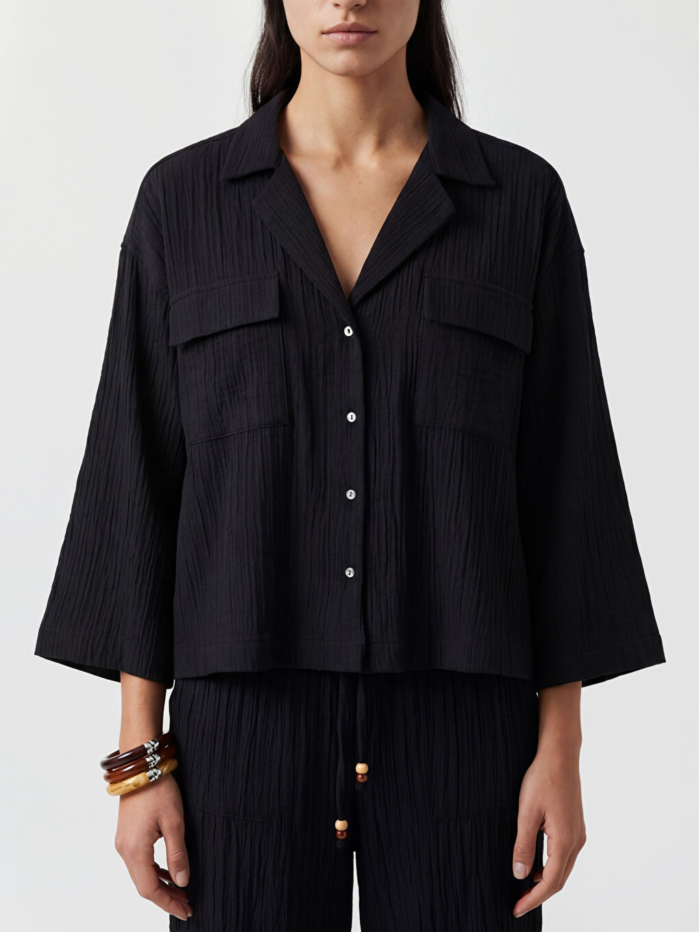 Siyah Oversize Kadın Müslin Gömlek-3