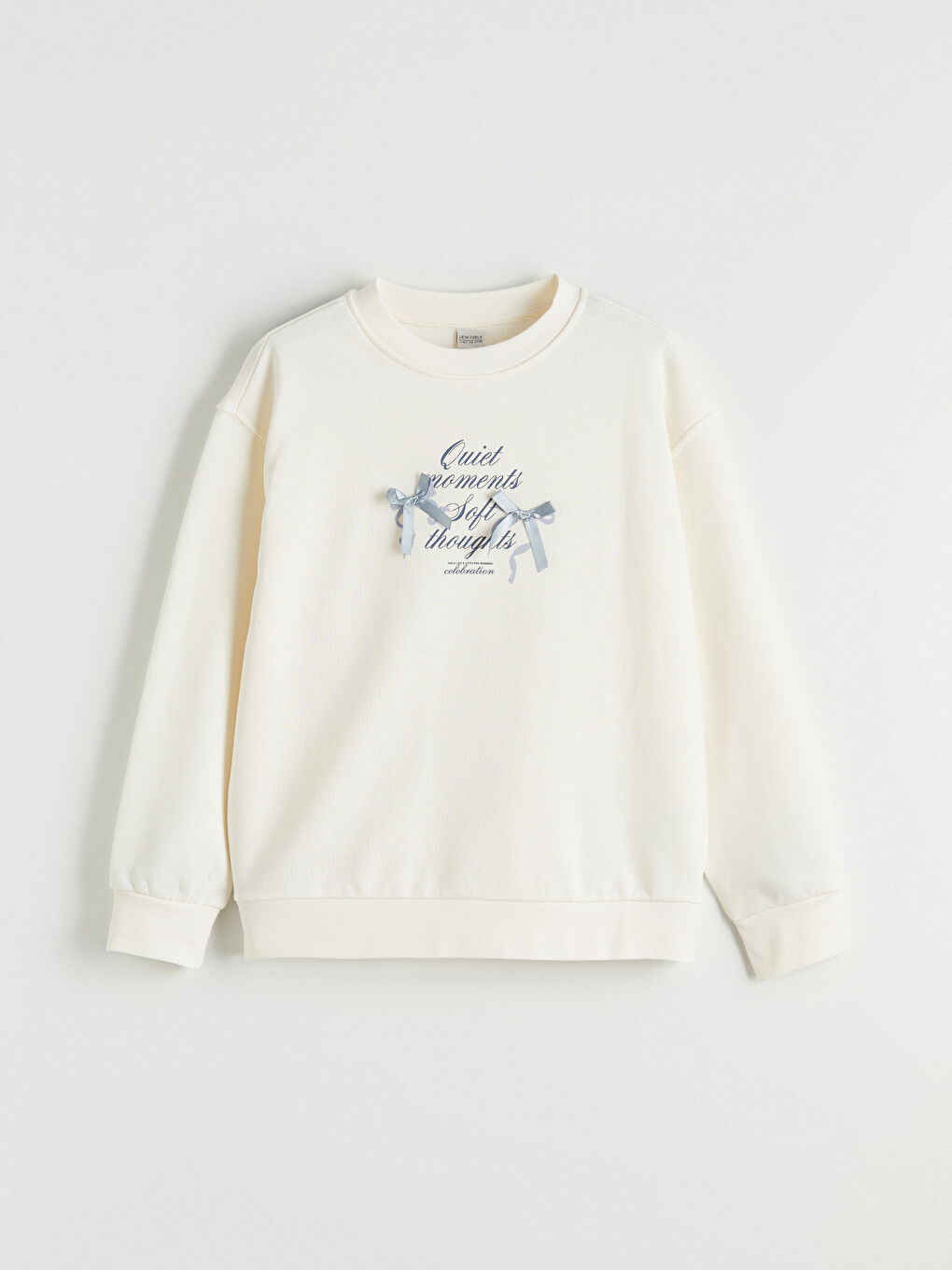 Ekru Bisiklet Yaka Baskılı Kız Çocuk Kalın Sweatshirt