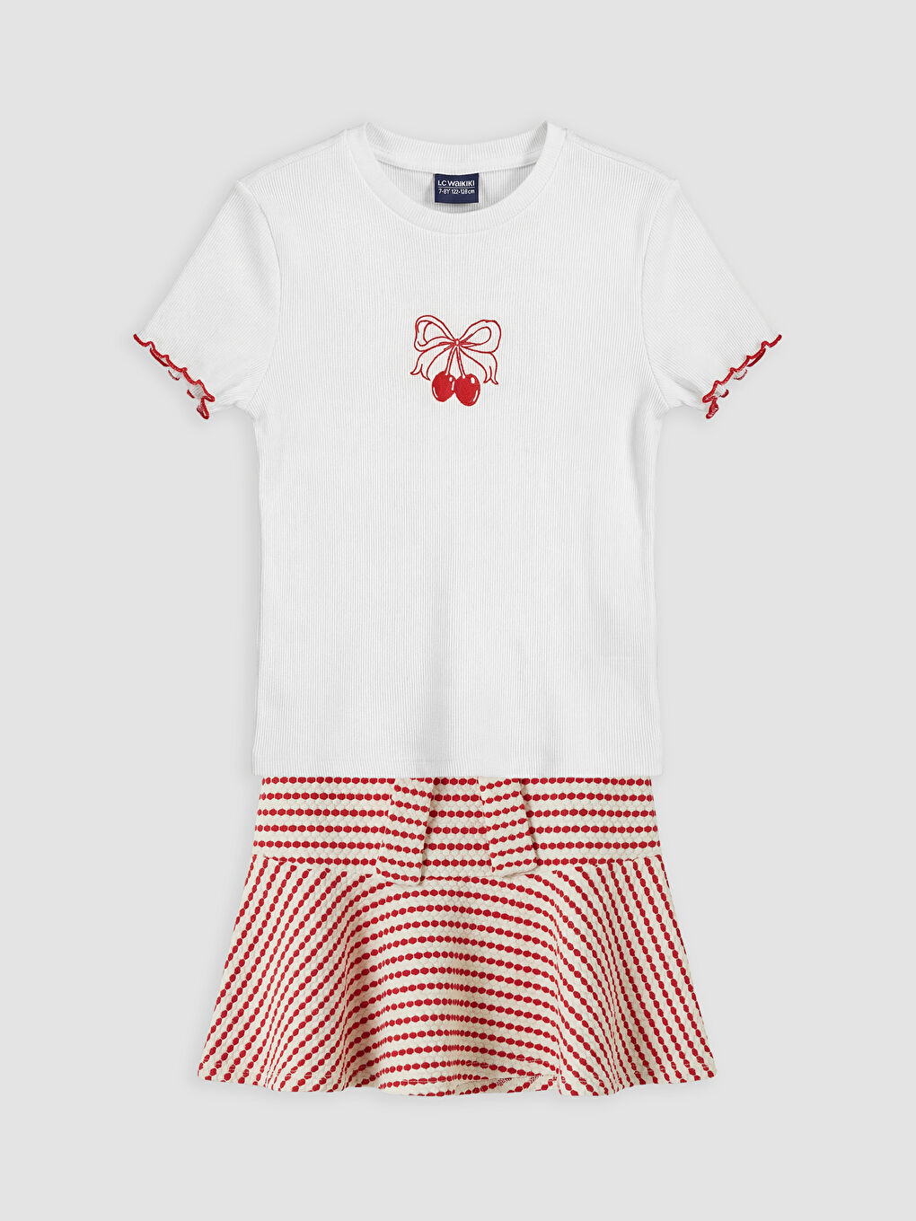 Ekru Nakışlı Kız Çocuk Fitilli Tişört ve Etek