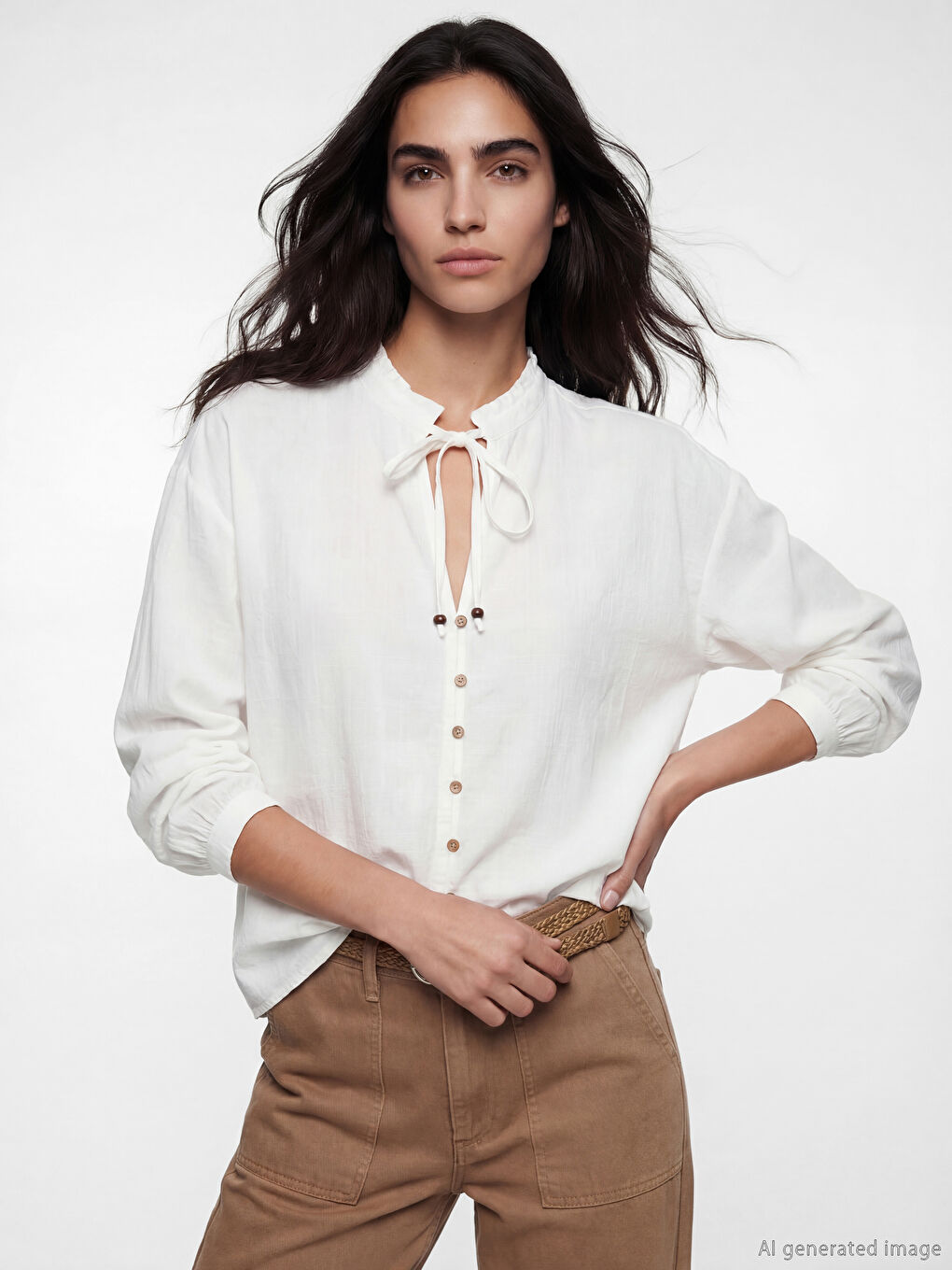 Beyaz Bağlamalı Yaka Oversize Kadın Gömlek