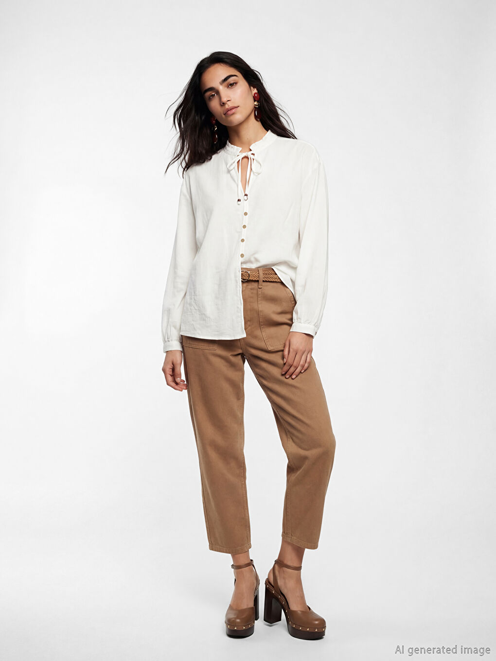 Beyaz Bağlamalı Yaka Oversize Kadın Gömlek-1