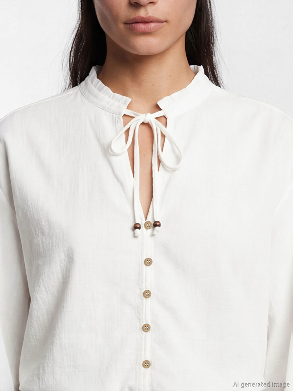 Beyaz Bağlamalı Yaka Oversize Kadın Gömlek-2