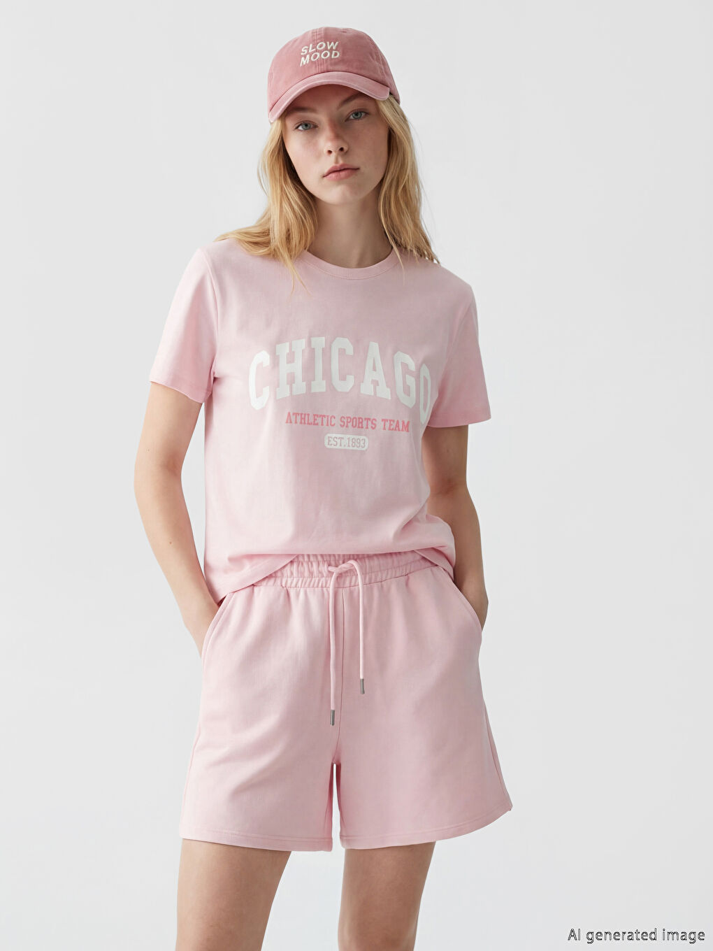 Pembe Bisiklet Yaka Chicago Baskılı Kadın Tişört