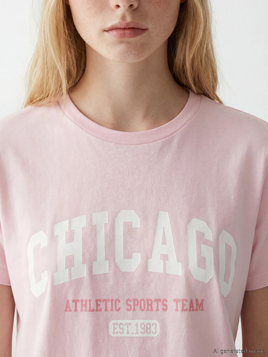 Pembe Bisiklet Yaka Chicago Baskılı Kadın Tişört-2