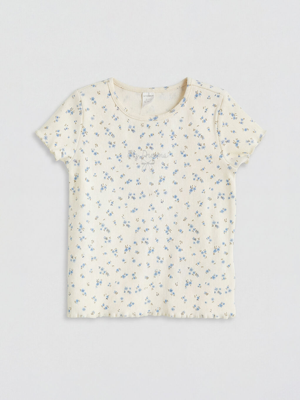Ekru Desenli Fırfırlı Kız Çocuk Tişört