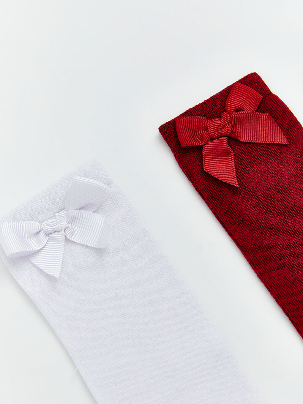 Kırmızı Fiyonklu Kız Çocuk Diz Altı Çorap 2'li-1