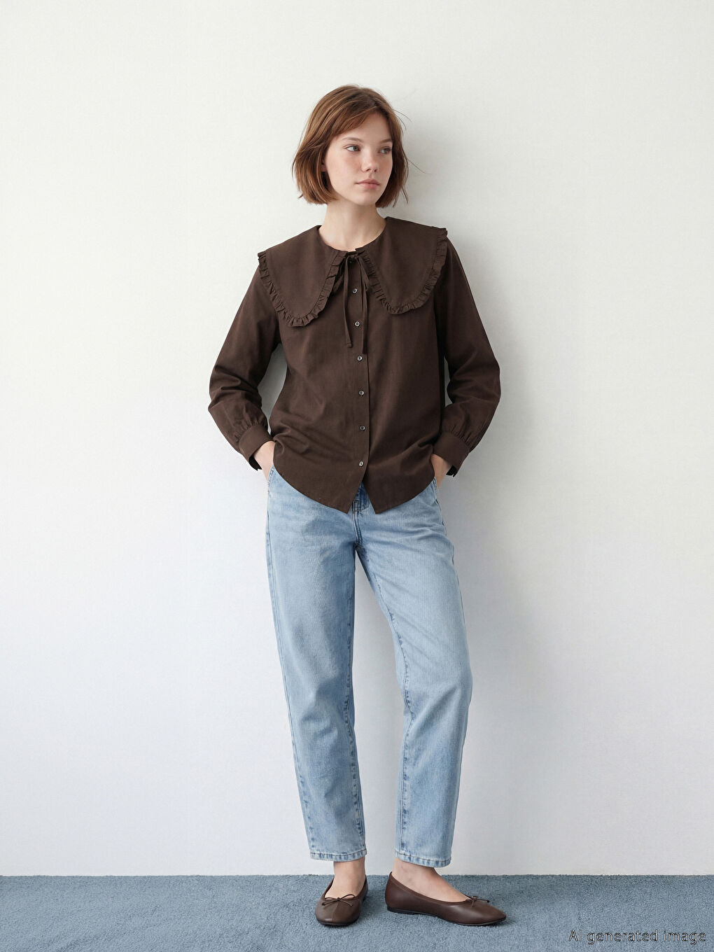 Kahverengi Bebe Yaka Fırfırlı Bluz	-1