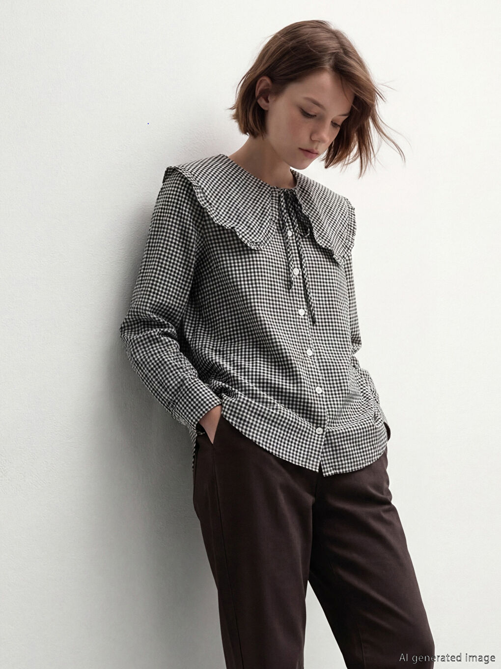 Siyah Bebe Yaka Ekose Kadın Gömlek