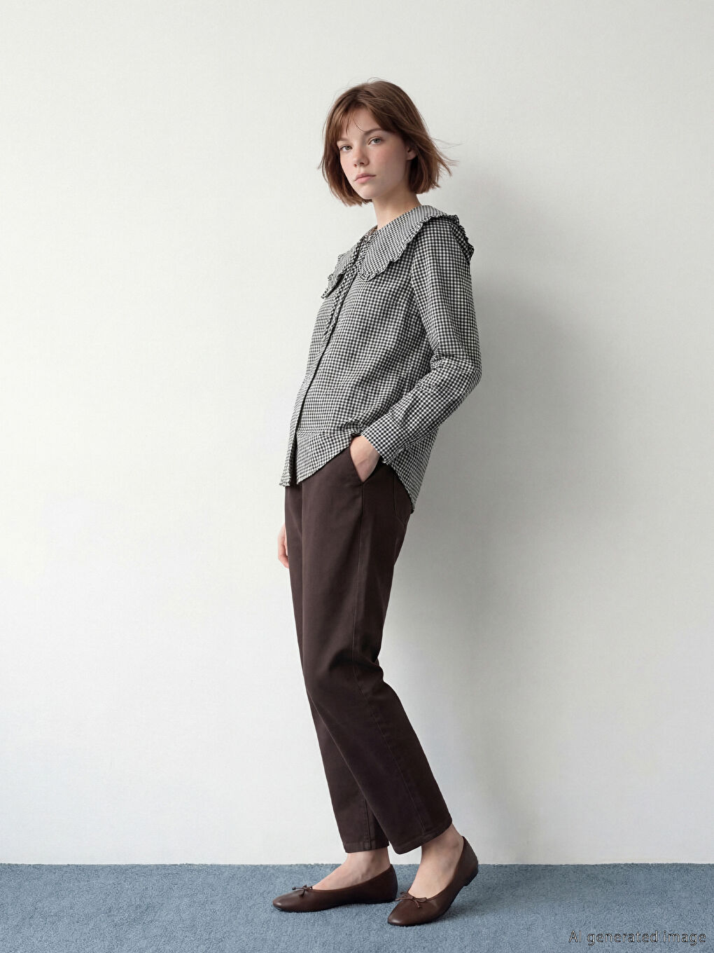 Siyah Bebe Yaka Ekose Kadın Gömlek-1