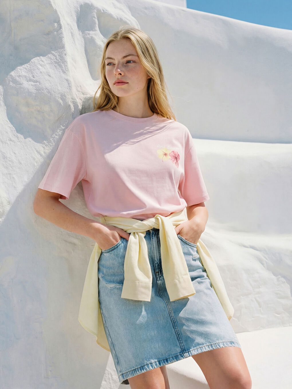 Pembe Baskılı Oversize Kadın Tişört