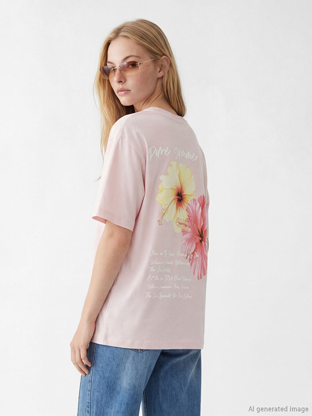 Pembe Baskılı Oversize Kadın Tişört-2