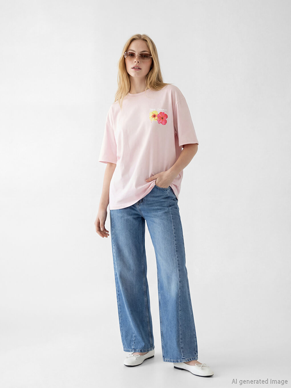 Pembe Baskılı Oversize Kadın Tişört-3
