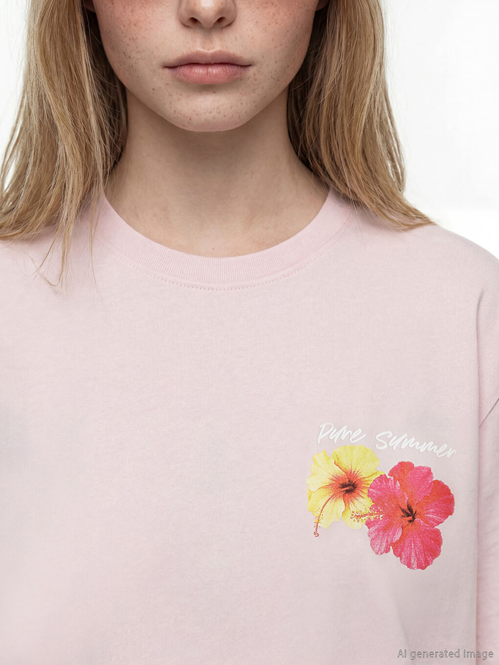 Pembe Baskılı Oversize Kadın Tişört-4