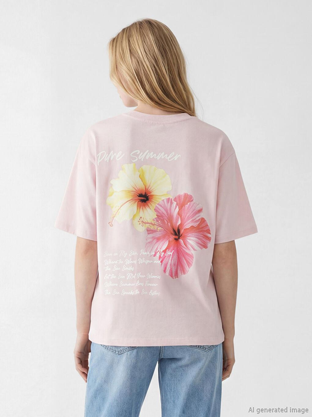 Pembe Baskılı Oversize Kadın Tişört-5