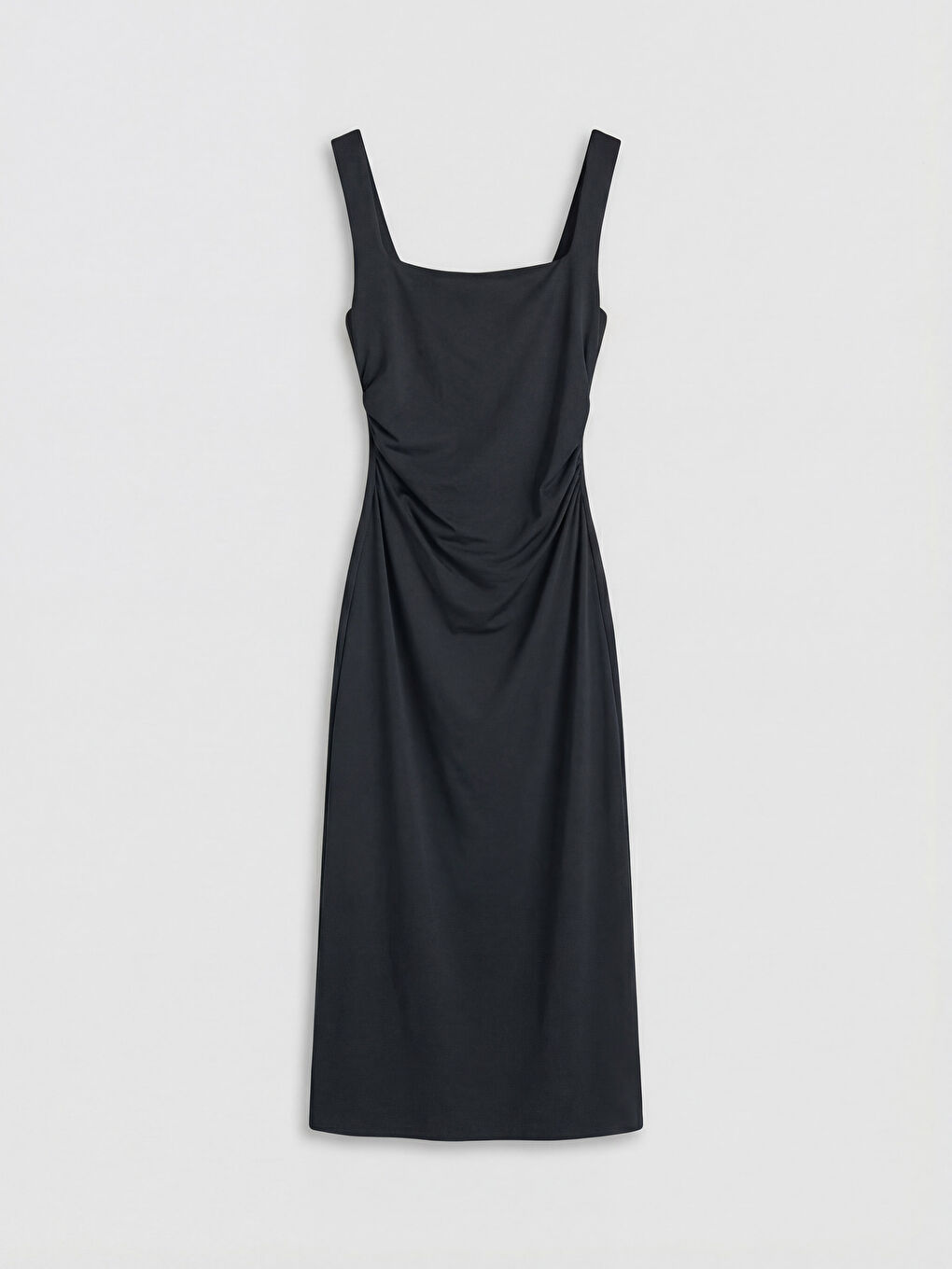 Siyah Kare Yaka Büzgülü Bodycon Elbise