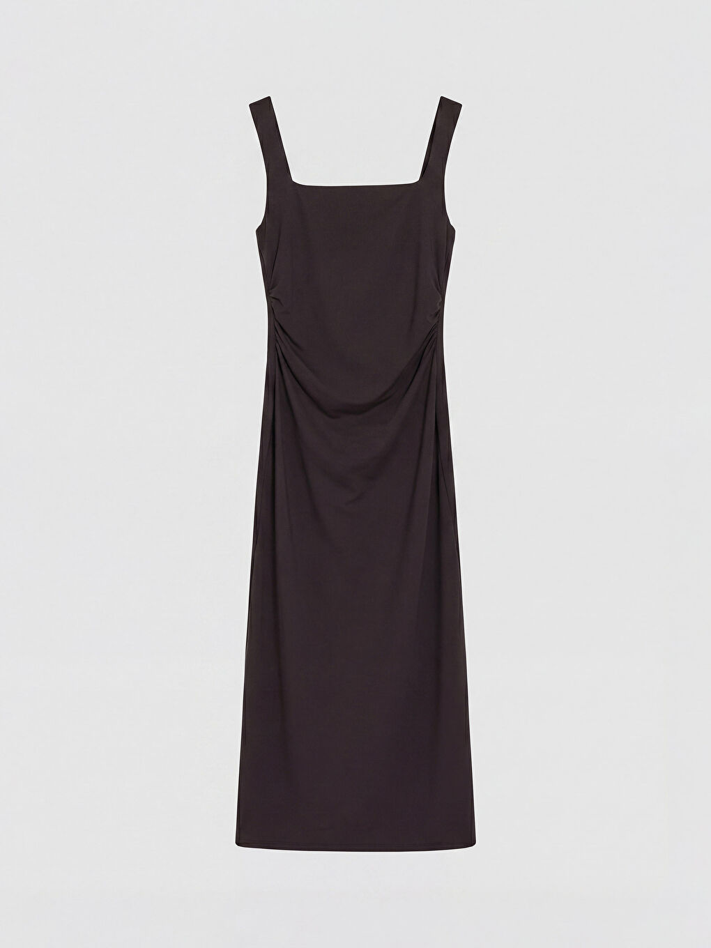 Kahverengi Kare Yaka Büzgülü Bodycon Elbise