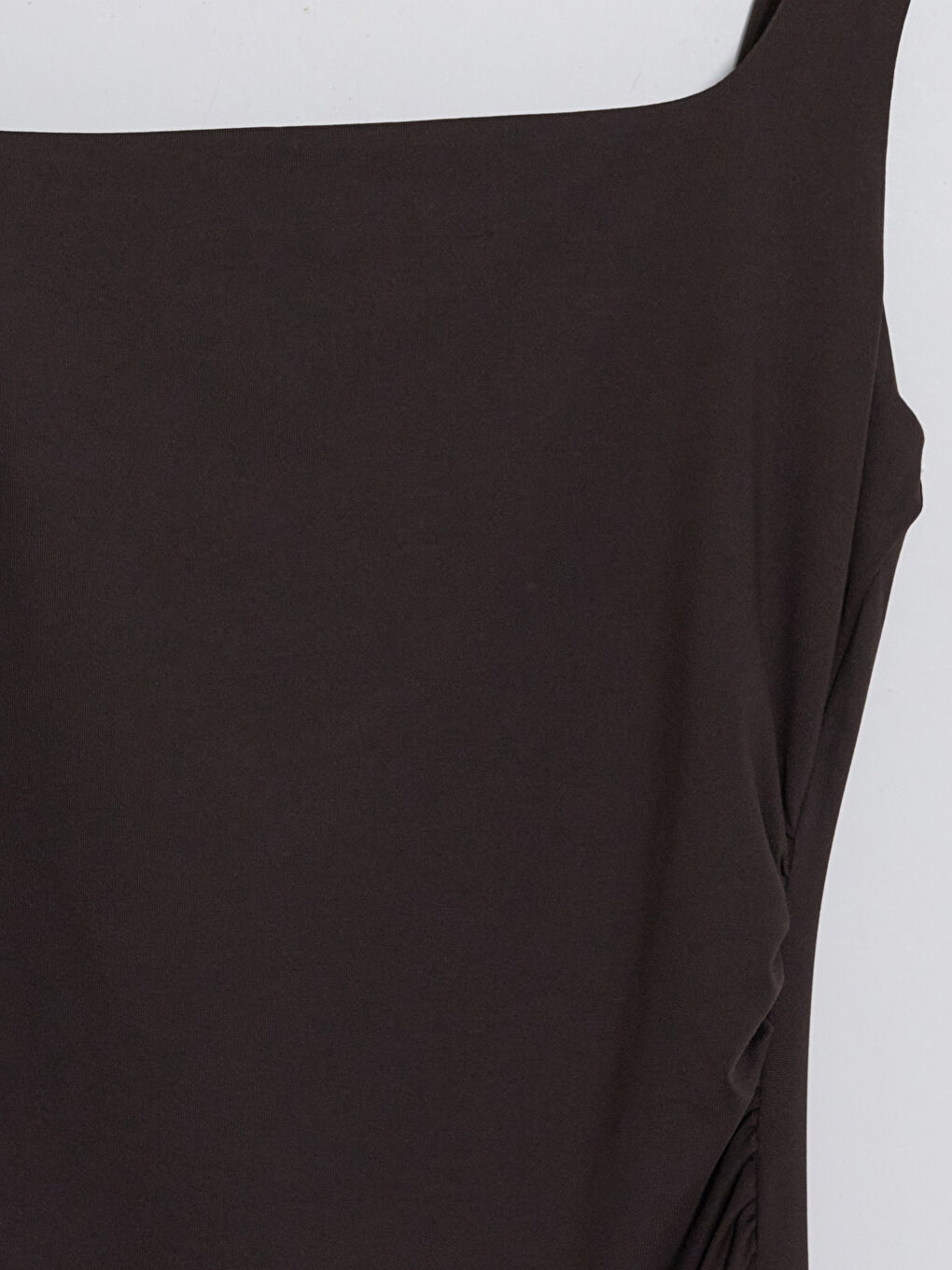 Kahverengi Kare Yaka Büzgülü Bodycon Elbise-2