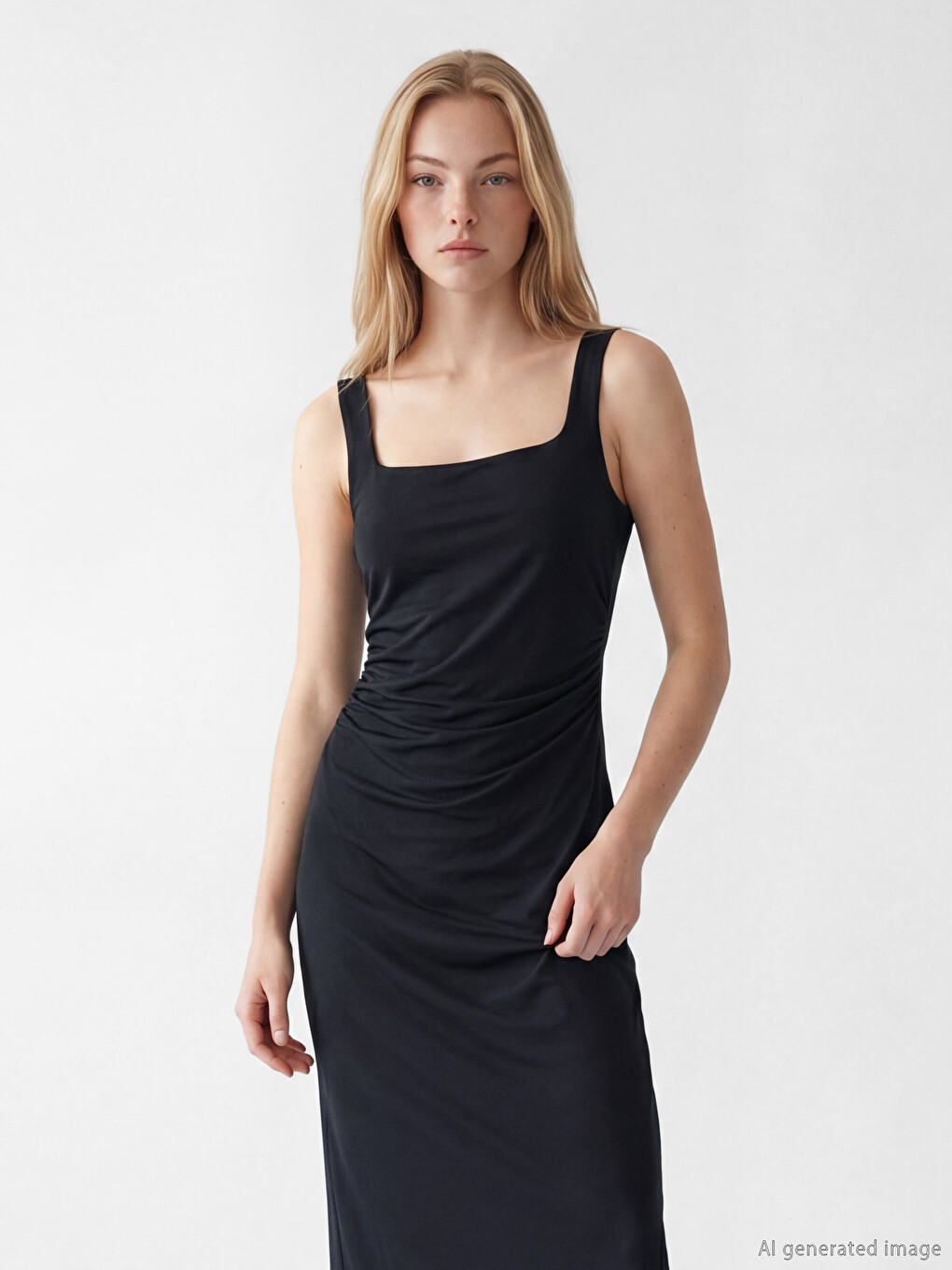Siyah Kare Yaka Büzgülü Bodycon Elbise-1
