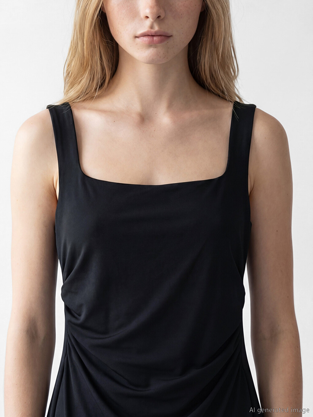 Siyah Kare Yaka Büzgülü Bodycon Elbise-2