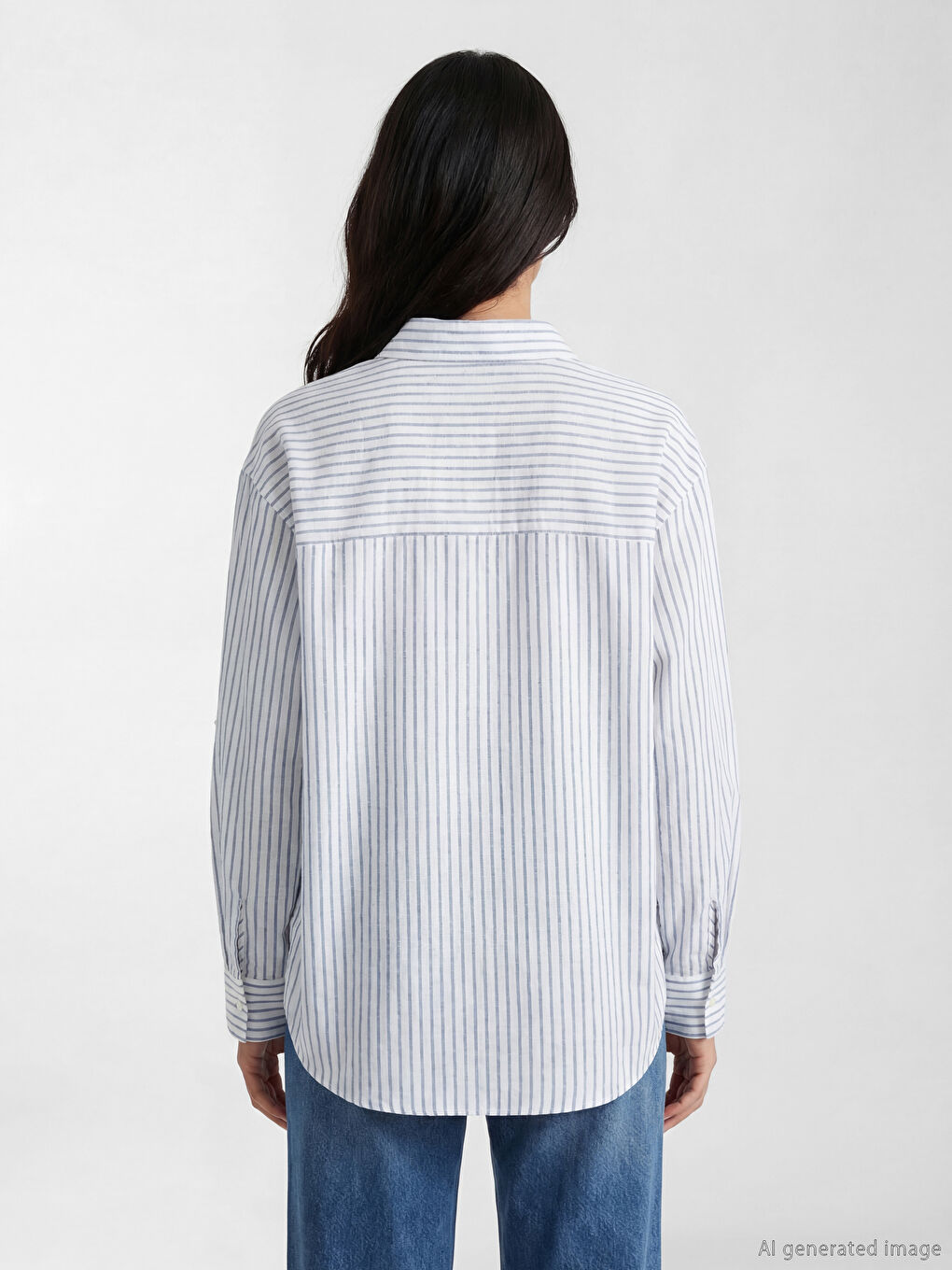 Mavi Çizgili Oversize Kadın Gömlek	-3