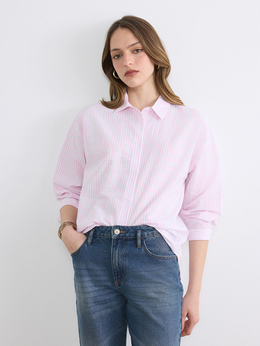 Pembe Çizgili Oversize Kadın Gömlek	