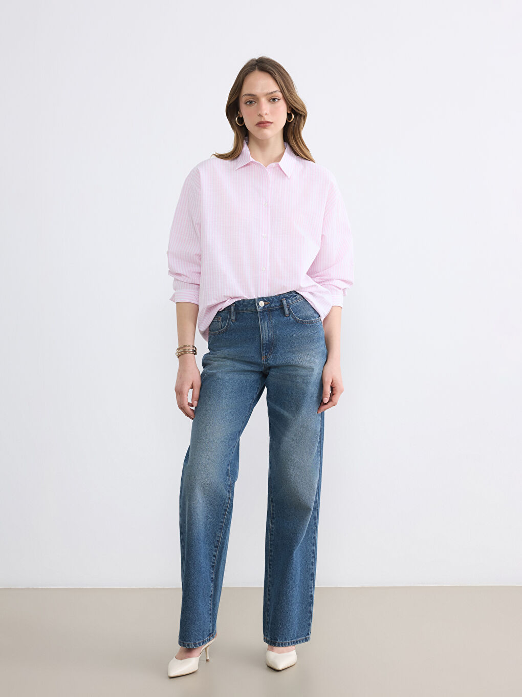 Pembe Çizgili Oversize Kadın Gömlek	-1