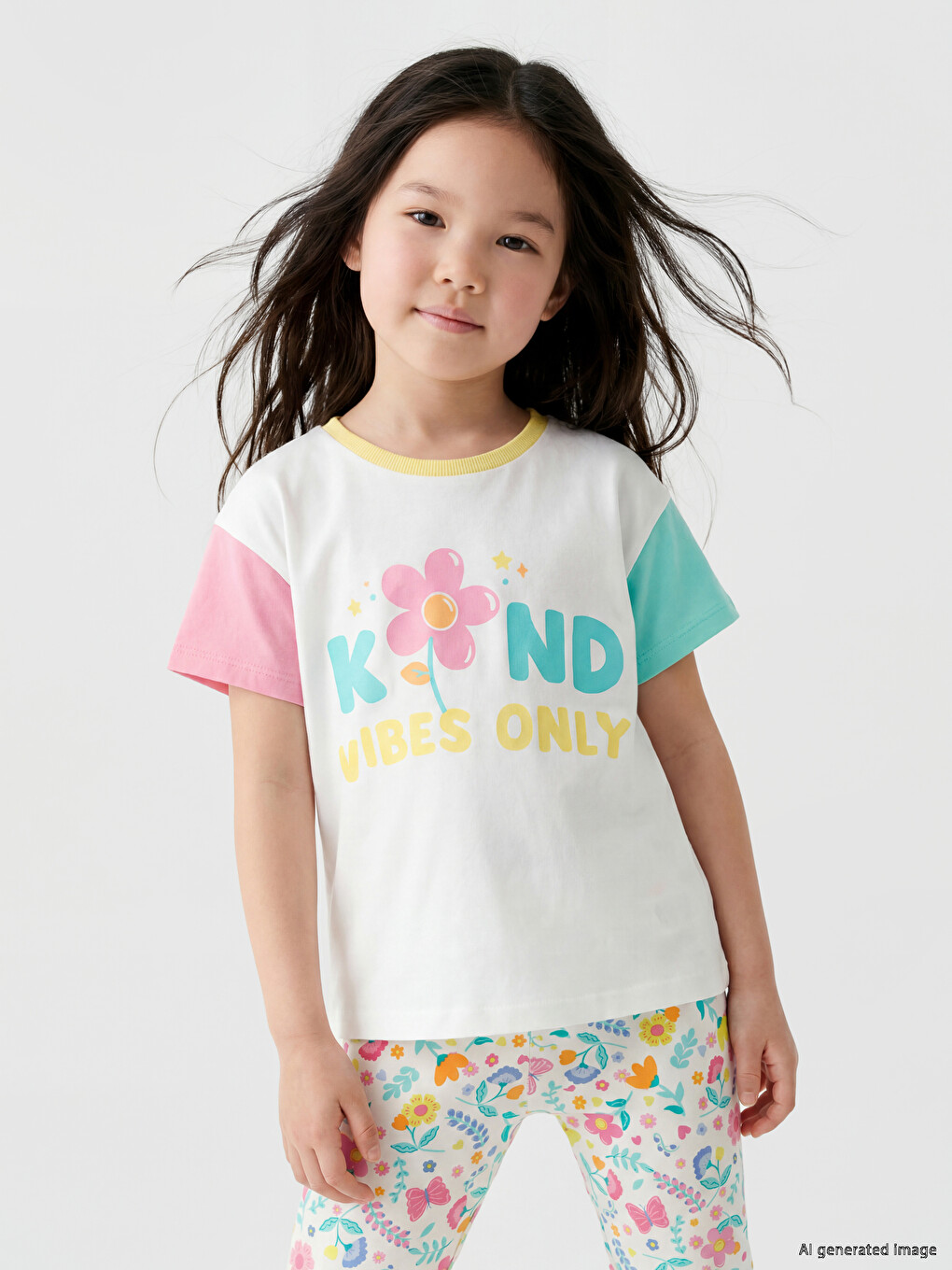 LCW Kids Beyaz Bisiklet Yaka Baskılı Kız Çocuk Tişört