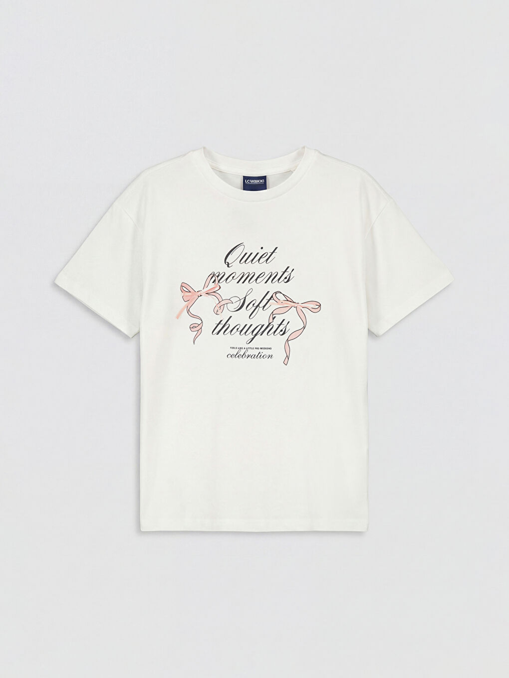 Beyaz Bisiklet Yaka Baskılı Kız Çocuk Tişört