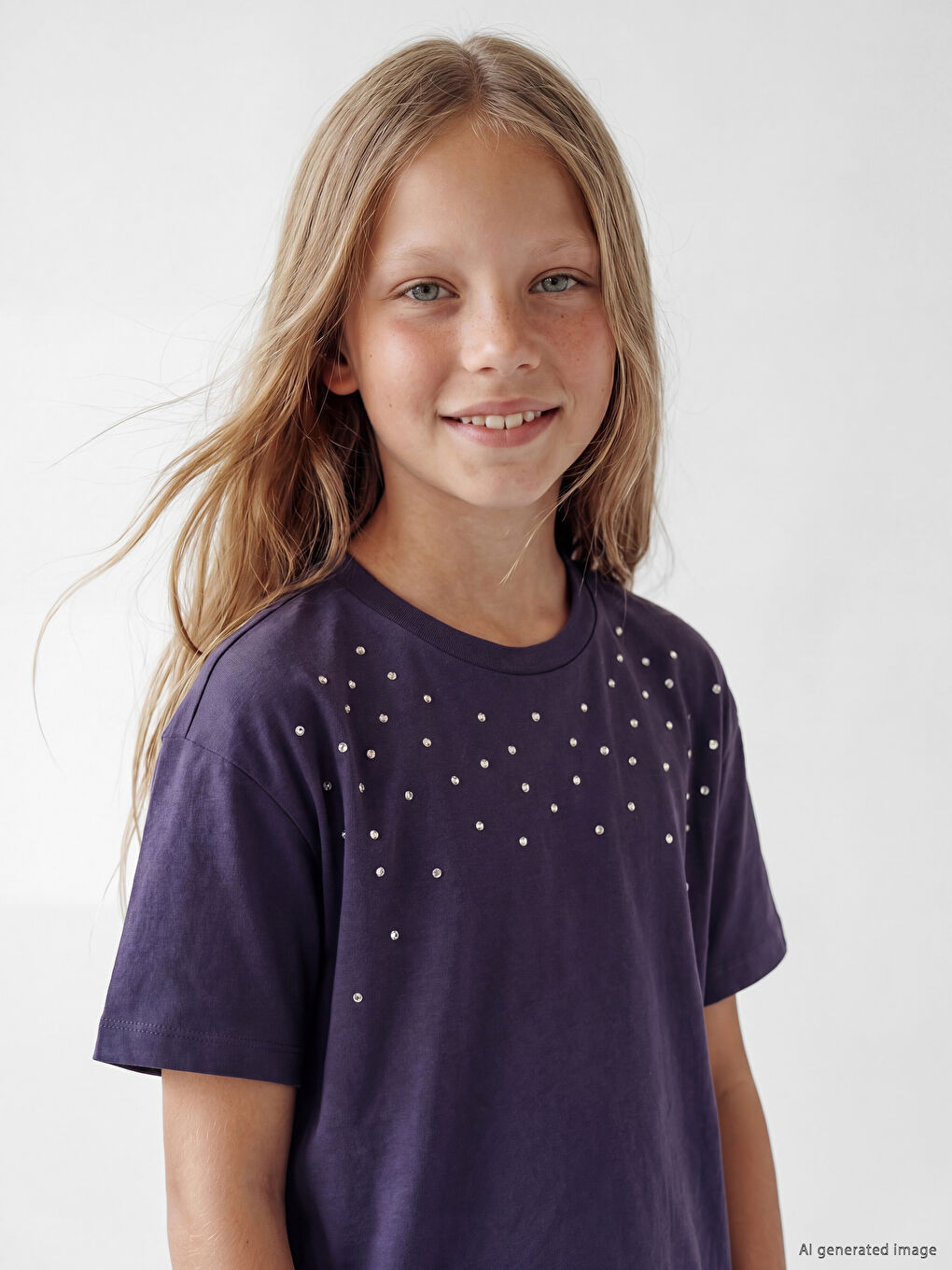 Crew Neck Rhinestone Embellished Girls' T-Shirt-1
