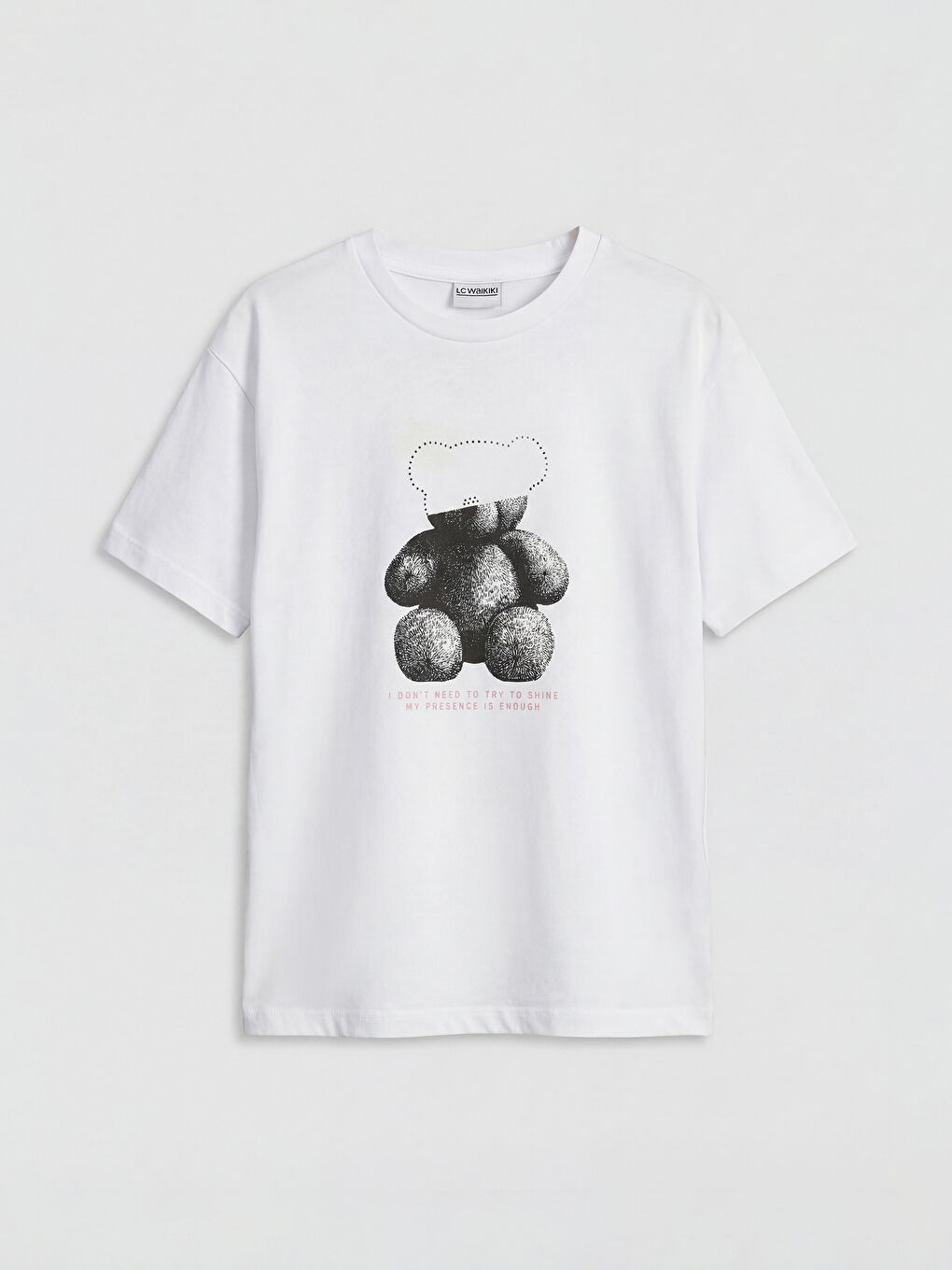 Beyaz Bisiklet Yaka Ayı Baskılı Kız Çocuk Tişört