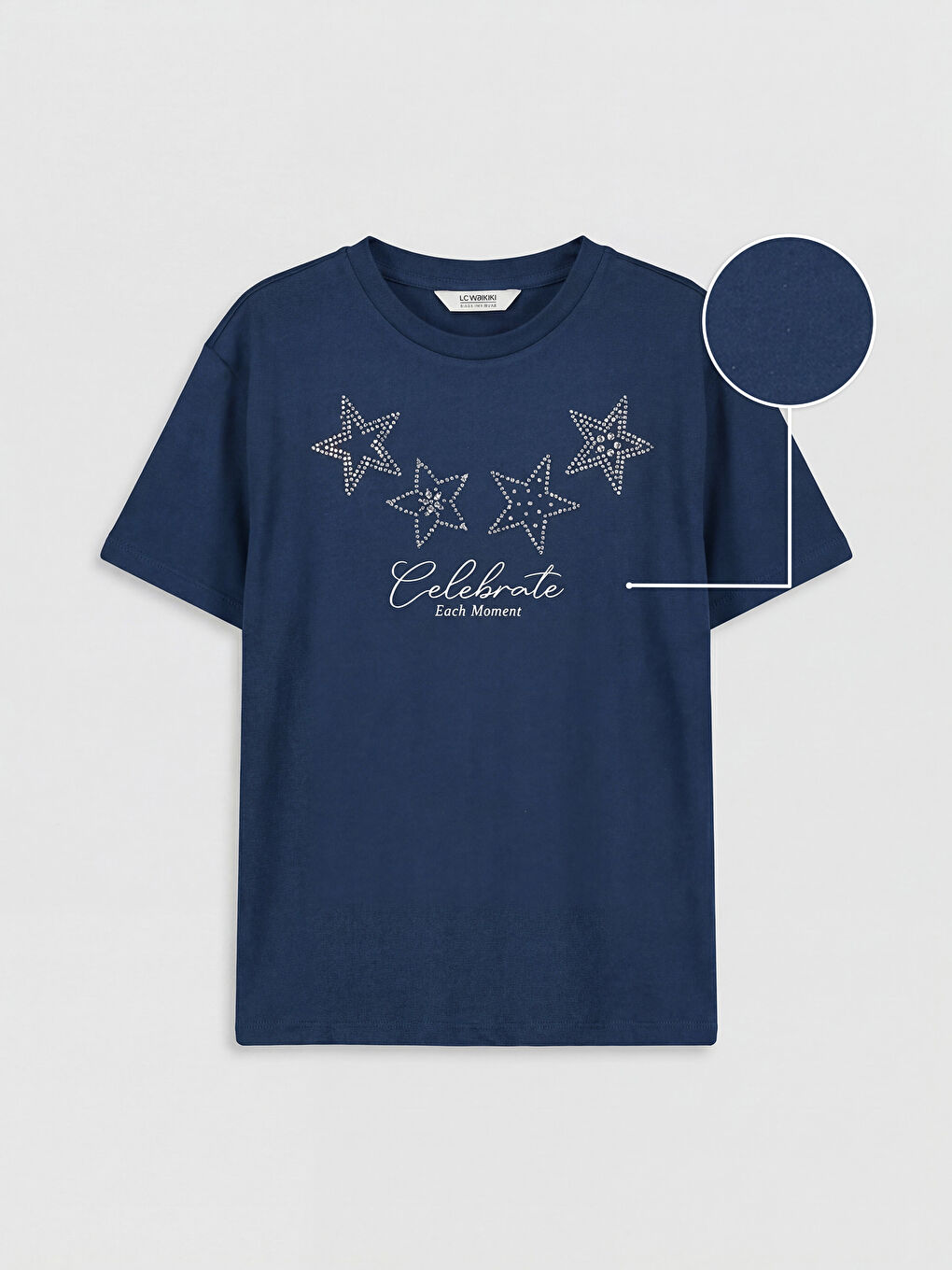 Lacivert Bisiklet Yaka Taş Baskılı Kız Çocuk Tişört