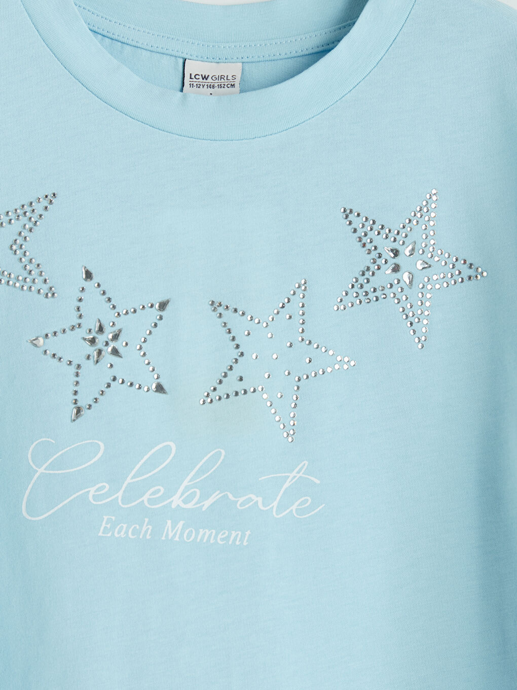 Mavi Bisiklet Yaka Taş Baskılı Kız Çocuk Tişört-2