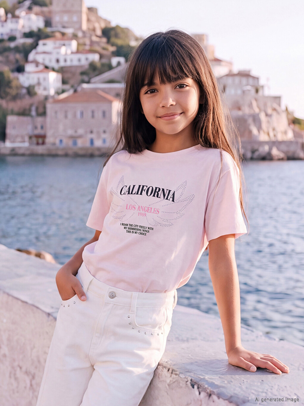 Pembe Taşlı California Baskılı Kız Çocuk Tişört