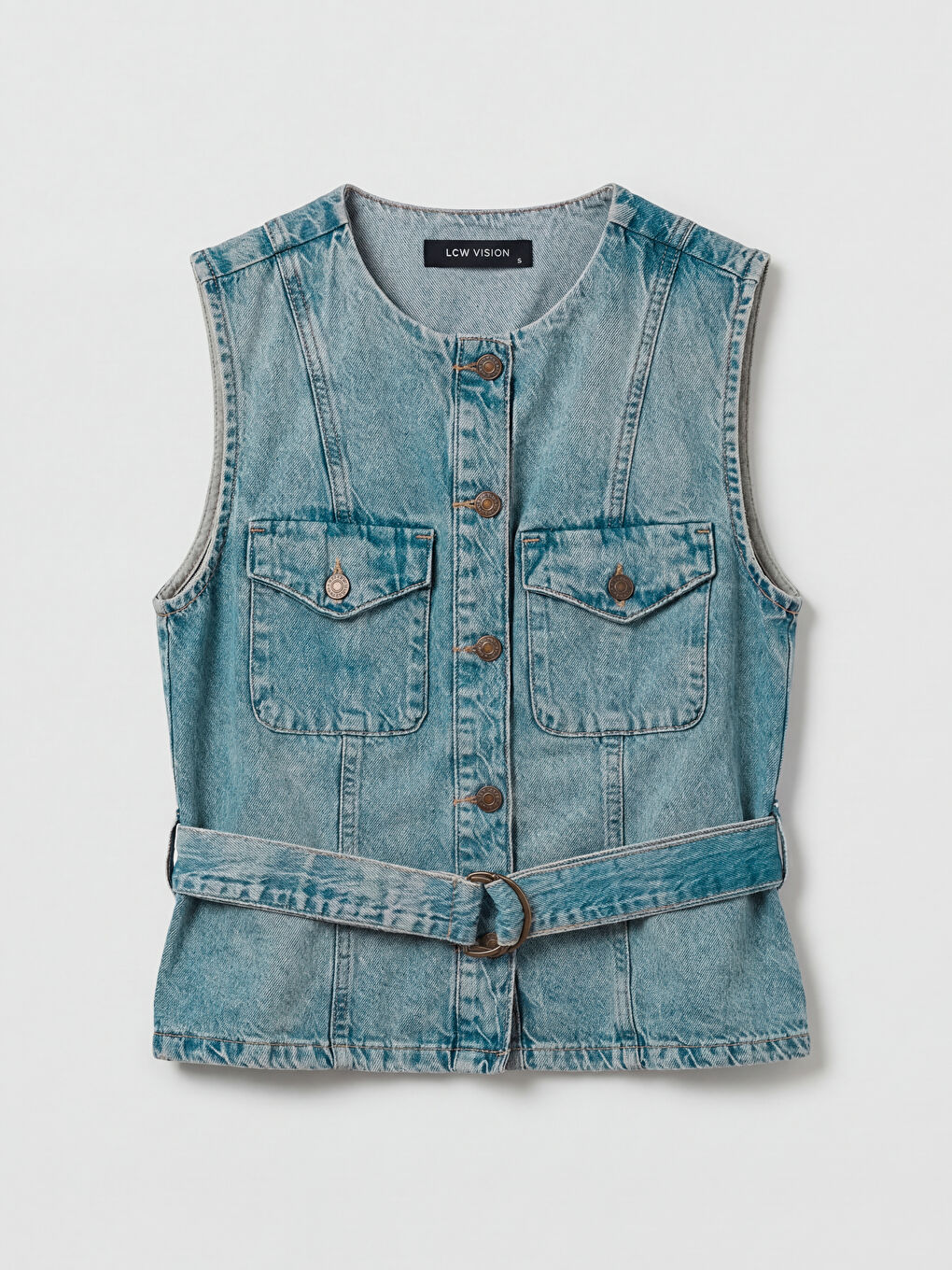 İndigo Bisiklet Yaka Kemerli Kadın Jean Yelek