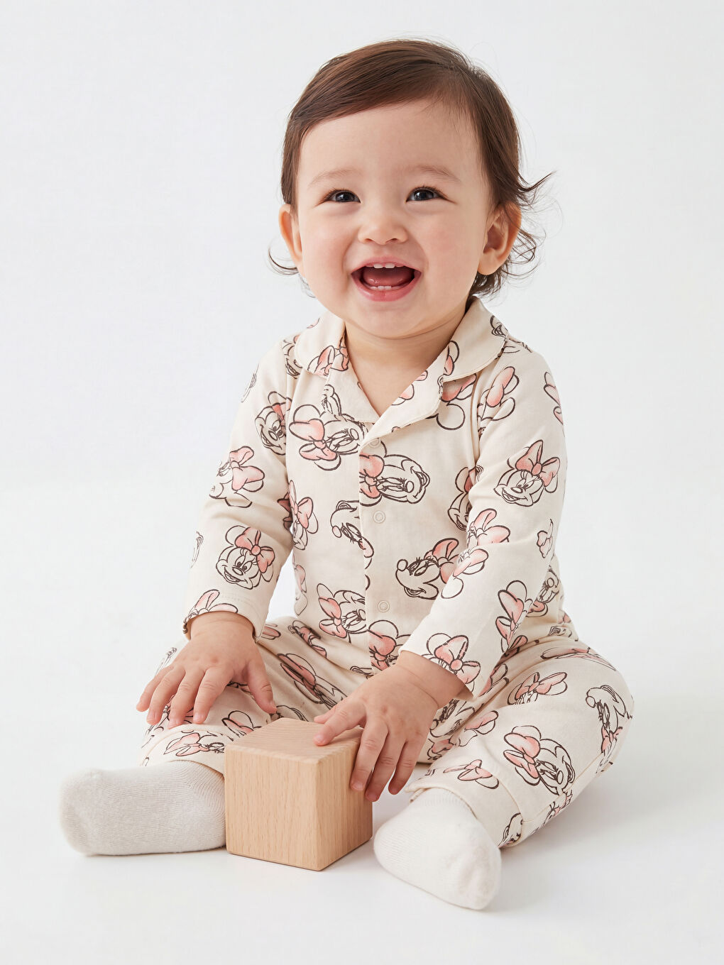 Ekru Minnie Mouse Baskılı Kız Bebek Tulum