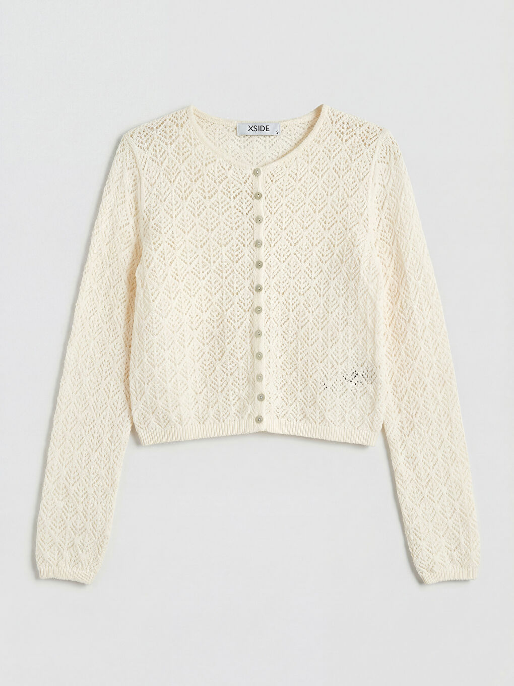 Ekru Bisiklet Yaka Ajurlu Kadın Triko Hırka