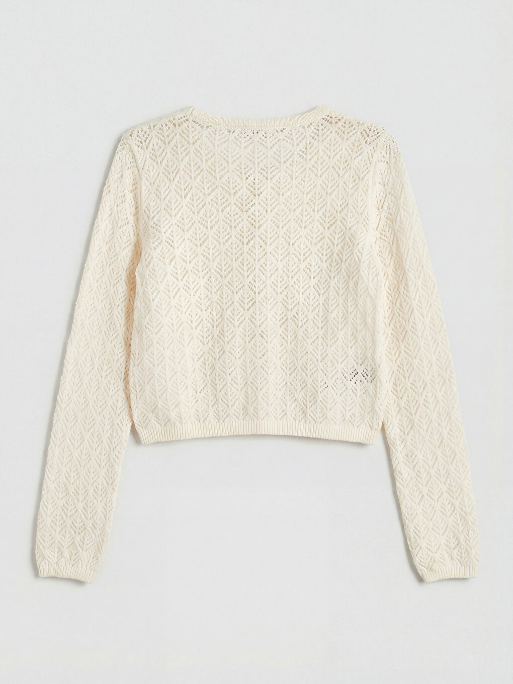 Ekru Bisiklet Yaka Ajurlu Kadın Triko Hırka-1