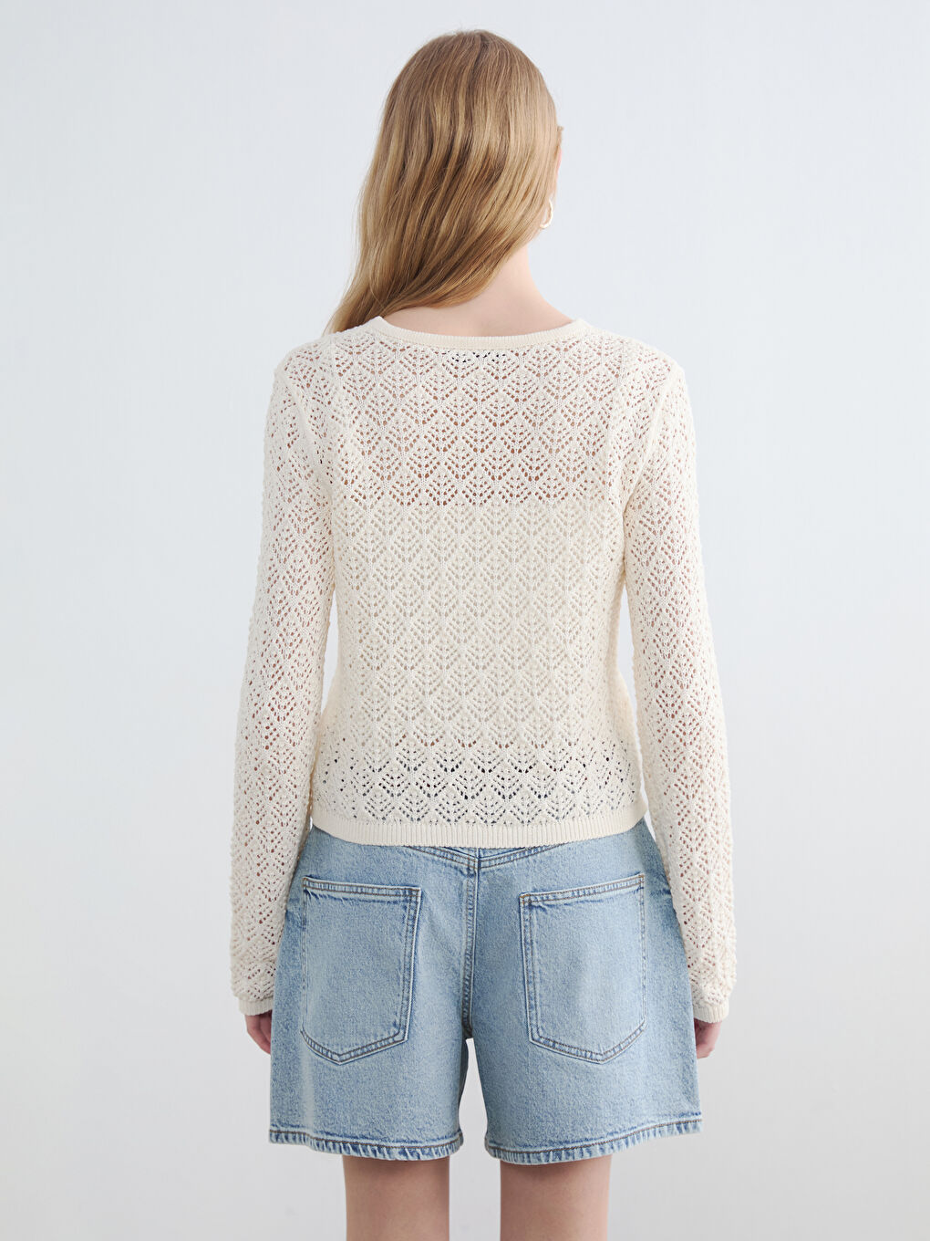 Beyaz Bisiklet Yaka Ajurlu Kadın Triko Hırka-4